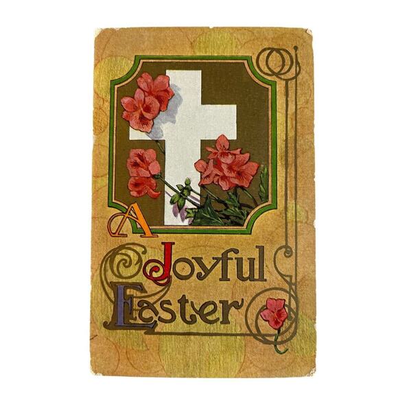 Antique Early 1900s Ephemera Litho Postcard Joyful Easter Religious Cross Floral - Picture 2 of 7